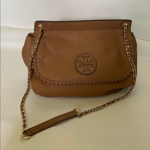 Tory Burch tan leather purse with gold strap